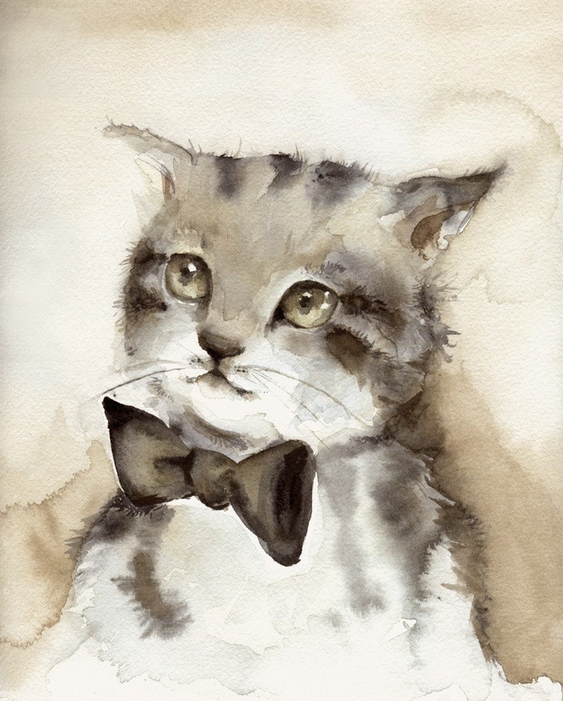Cat Art-cat watercolor, Dreamer Archival Print, children, decor, nursery decor, brown, grey image 1