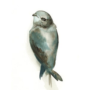 watercolor painting ,bird watercolor, decor, cottage, nature, grey, blue Miss Adorable Bird Art image 1