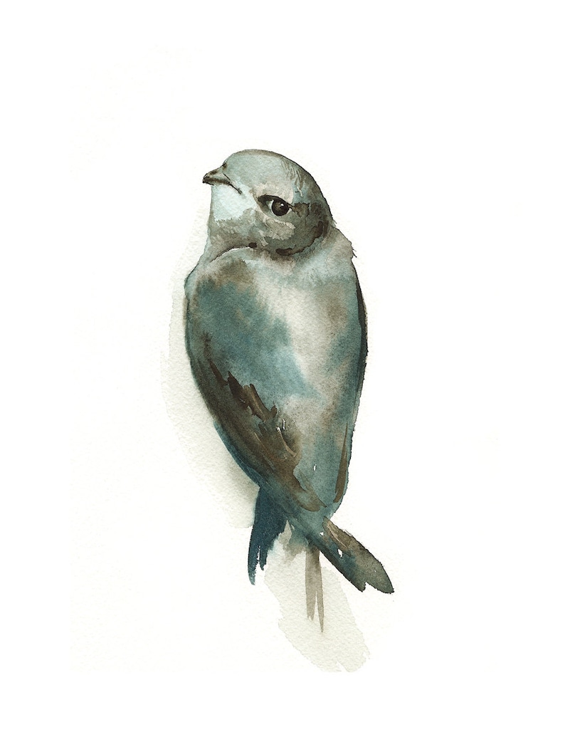 watercolor painting ,bird watercolor, decor, cottage, nature, grey, blue Miss Adorable Bird Art image 1