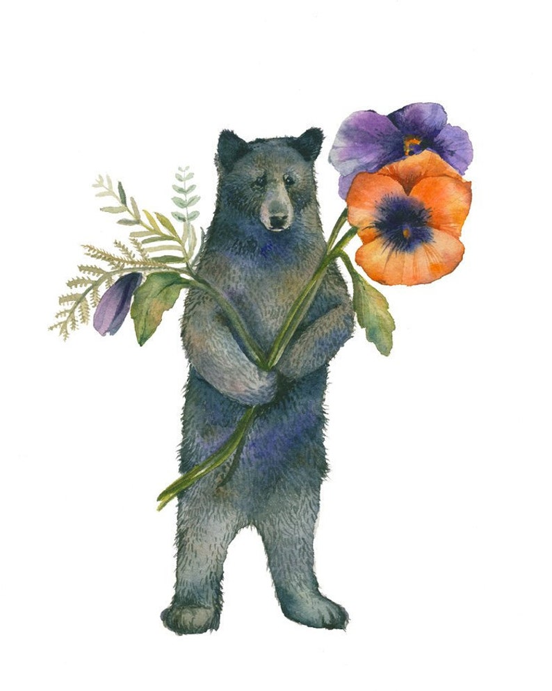 Bear with Pansies watercolor print Bear Art image 1