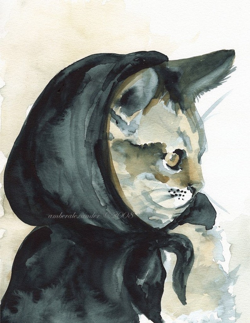 cat art little Inky Riding hood print of watercolor image 1