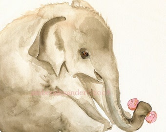 Baby Elephant art, elephant print, elephant painting . Elly- Archival print- baby elephant, nursery, children, girl, art