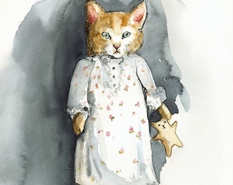 Muffin's Dream- Cat Art, Archival print of watercolor