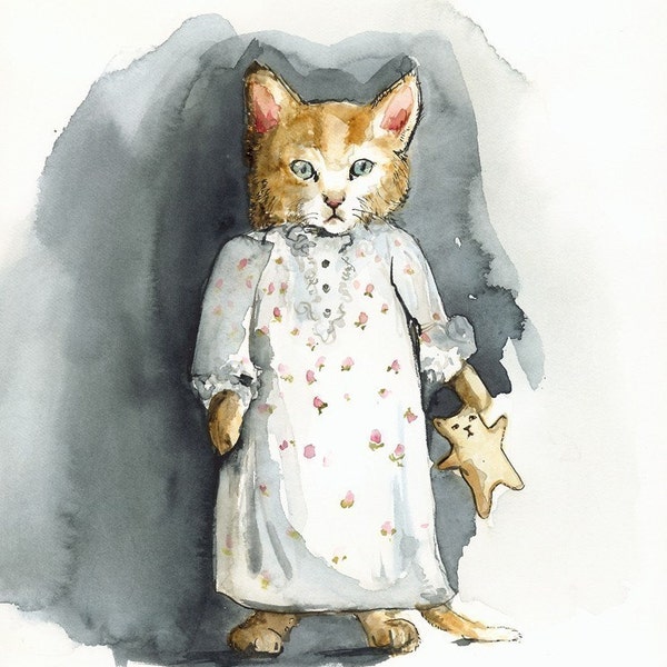 Muffin's Dream- Cat Art, Archival print of watercolor