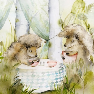 Forest Cafe - hedgehogs dining in the forest art print