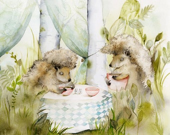 Forest Cafe - hedgehogs dining in the forest art print