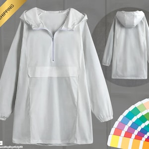 May include: A light gray hooded anorak jacket with a half-zip closure and a front pocket. The jacket has long sleeves and a relaxed fit. The image also shows a back view of the jacket and a color palette.