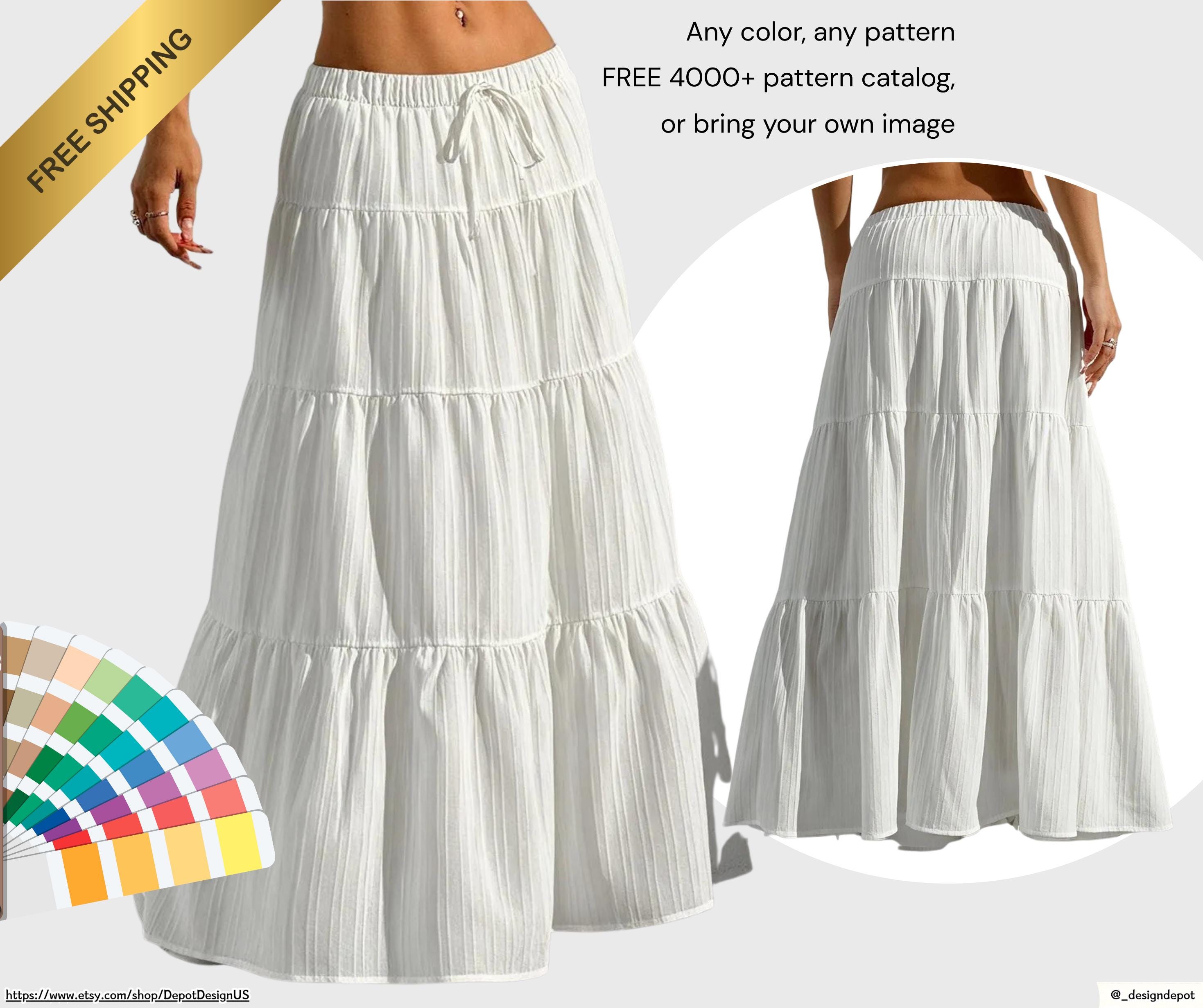 ANY COLOR | FREE Pattern Catalog 4000+ | Custom Pleated Long Skirt – Women’s All-Over Print Tiered Maxi | Bamboo-Textured Summer & Casual