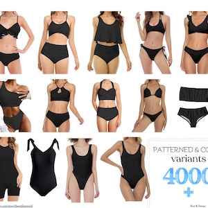 Può includere: Una collezione di costumi da bagno neri, tra cui bikini, costumi interi e un body. L'immagine mostra vari stili con diversi scolli, spalline e tagli. Il testo nell'immagine recita "PATTERNED & COLOR variants 4000+".
