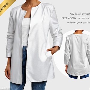 May include: A white long-sleeve jacket with a collarless design and pockets. The image also shows the back view of the jacket. Text on the image says "Any color, any pattern FREE 4000+ pattern catalog, or bring your own image."
