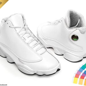 May include: Pair of white high-top sneakers with a textured design. The sneakers have white laces and a white sole. A color palette fan is in the lower right corner. The words "FREE SHIPPING" are in a gold banner in the upper left corner.