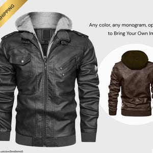Customizable PU Leather Zip Jacket with Removable Hood - Design Your Own