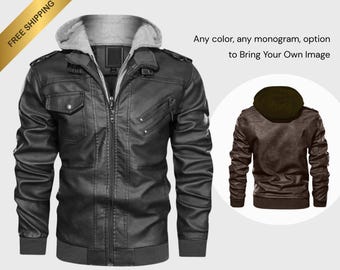 Customizable PU Leather Zip Jacket with Removable Hood - Design Your Own