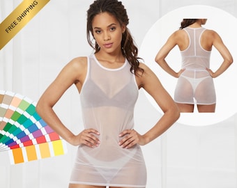 May include: A white sleeveless mini dress made of a sheer mesh fabric with a round neckline and white trim. The garment features a racerback design as shown in the circular inset, providing a lightweight and semi-transparent appearance.