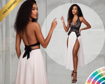 20+ Variant | ANY COLOR | FREE Pattern Catalog 4000+ Images | Mesh Lace Evening Dress | Sheer Long Gown Open Back High Slit | All-Over Print