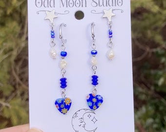 Blue Millifiori Valentines Day Heart Earring Double Set Czech Glass Freshwater Pearls