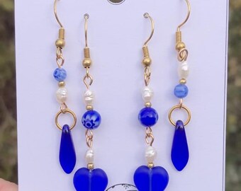 Royal Blue Valentines Day Heart Earring Double Set Czech Glass Millifiori Freshwater Pearls