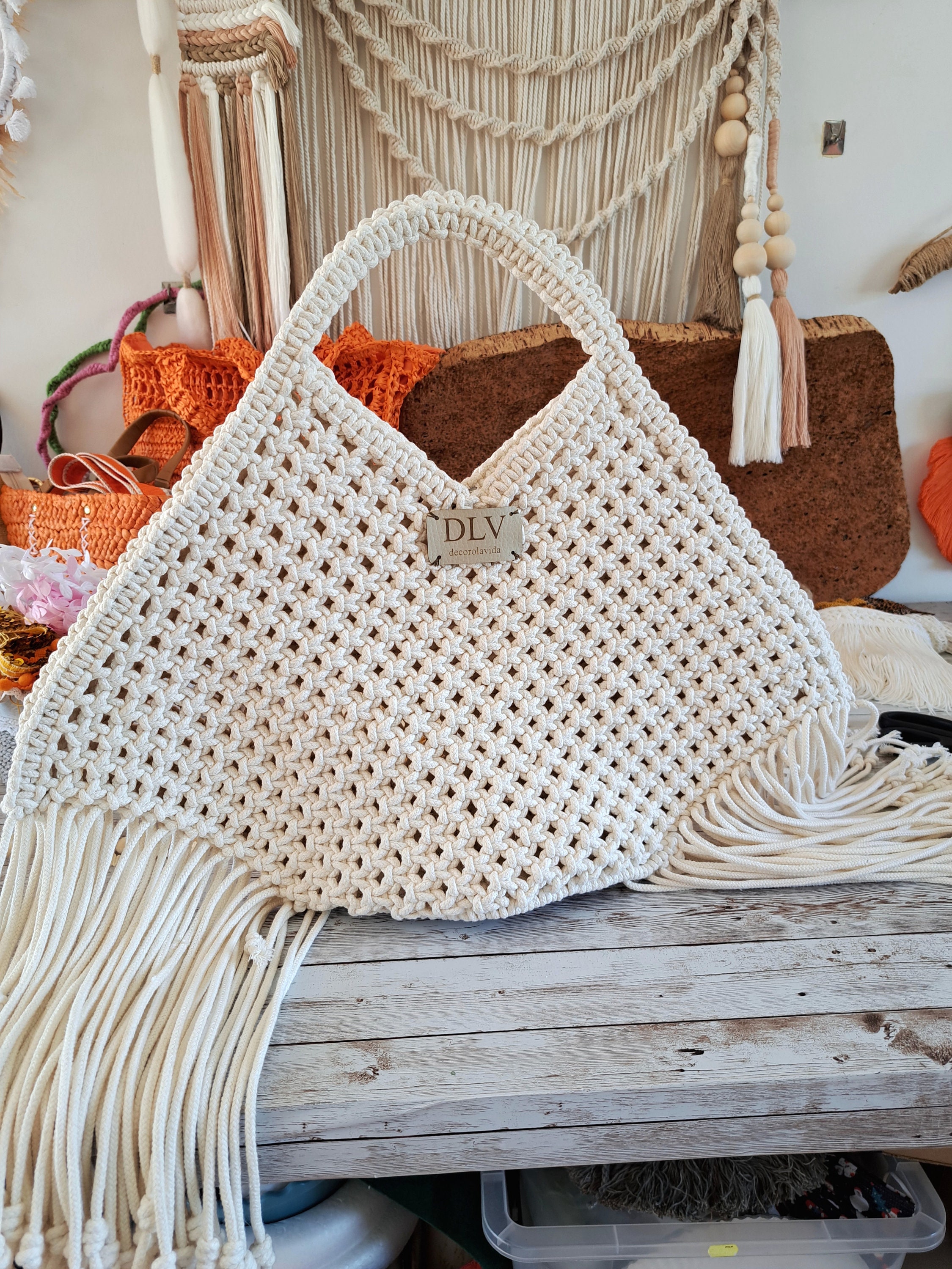 Bolso de macramé hecho a mano en algodón 100% reciclado unidad exclusiva