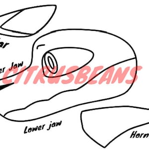 May include: Line drawing of an animal head with labels for the ear, upper jaw, lower jaw, and horn.