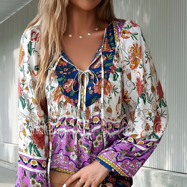 Boho Floral Print Summer Blouse Long Sleeve Bohemian Floral Print Tassel Tie Blouse Floral Relaxed Fit Blouse Loose Fit Lace up Summer Top
