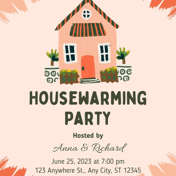 Orange-Green Housewarming Invitation, Illustrated New Home Celebration, Perfect for Welcoming Party, Unique Moving Gift