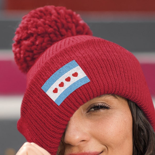 Bonnet Pom-Pom Drapeau de Chicago (Cœurs) | Souvenir de voyage unique | Rembourrage de bas | Cadeau de collègue | Père Noël secret