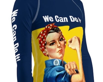 Rosie the Riveter | Vintage Poster Art | Women's LS Rash Guard Shirt | Marathon Runner | 5k | Women's March | Premium Quality