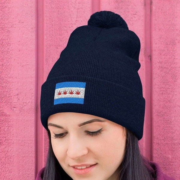 Drapeau Chicago contre les mauvaises herbes | Bonnet à pompons | 420 Amical | Souvenir de Chicago | Huile de CBD | THC