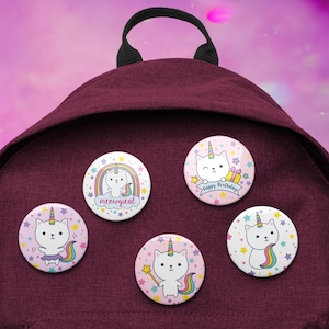 Caticorn Birthday 5 Button Set | Unicorn | Kitten | Kawaii | Magical Fun | Birthday Party Gift Bag / Goodie Bag | Stocking Stuffer