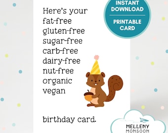 Sarcastic fat-free vegan birthday card, instant download, last minute printable card, diet restrictions, food humor, funny organic birthday
