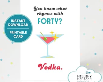 Funny what rhymes with forty printable 40th birthday card, for best friend, instant download, vodka sarcastic birthday card, vodka martini