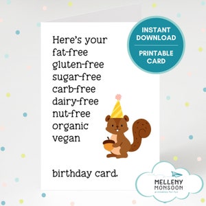 Sarcastic fat-free vegan birthday card, instant download, last minute printable card, diet restrictions, food humor, funny organic birthday