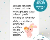 Funny & cute birthday card, because you were born, printable birthday card for her, sarcastic happy birthday, bunny greeting, print at home