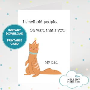 Carte d'anniversaire drôle de chat, je sens les personnes âgées, salutation hilarante de plaisanterie de vieillesse, anniversaire de dernière minute, carte de voeux imprimable numérique pour lui