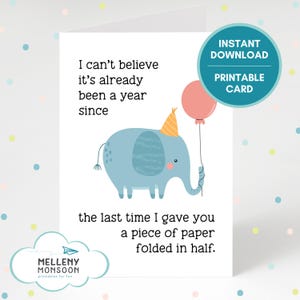 Cartão de aniversário engraçado, papel dobrado ao meio, cartão sarcástico imprimível para amigo, colega de trabalho, cartão de elefante fofo, em branco dentro, mínimo