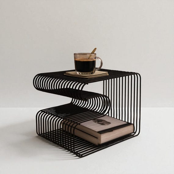 Black Wire Side Table - Modern side table , Side table with shelf , industrial side table , Bedside table , c shaped table , Steel Table