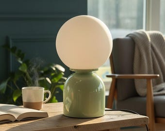 Green Mid Century Modern Table Lamp, Japandi Bedside Light, Minimalist Pastel Green Desk Lamp, Wabi Sabi Decor, Aesthetic Room Lighting