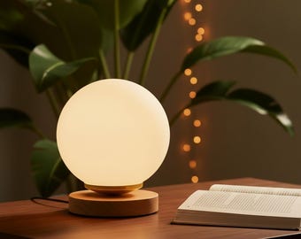 Japandi Solid Wood Table Lamp, Wabi-Sabi Aesthetic Globe Desk Light, Minimalist Bedside Lamp, Natural Wood & Gold Premium Lighting