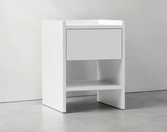 White Nightstand with Drawer, Minimalist Bedside Table, Modern Bedroom Furniture