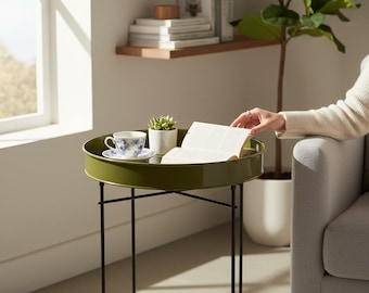 Green Metal Tray Side Table, Minimalist Accent Table, Plant Stand