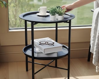 Modern Black Side Table, Round End Table, 2 Tier Metal Accent Table, Minimalist Nightstand, Living Room Furniture,Bedside Table, Space Decor