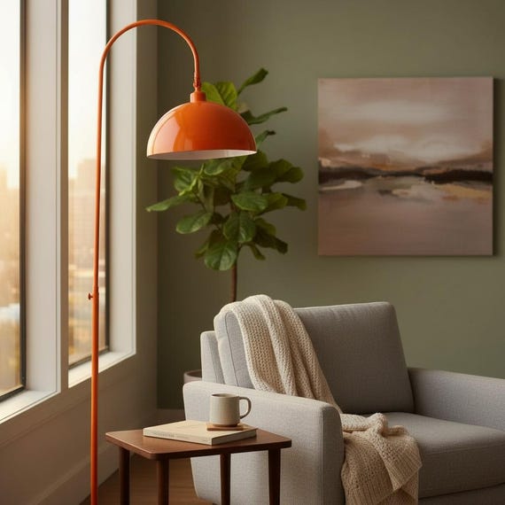 Mid Century Orange Arc Floor Lamp • Retro Unusual Standing Lamp