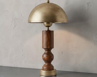 Mushroom Table Lamp l Mid Century Modern Wood & Brass Lamp, Japandi Bedside Light, Scandinavian Designer Lighting,  Wabi Sabi Home