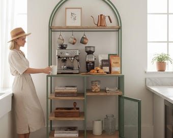 Coffee Bar Cabinet | Metal Coffee Station | Arched Kitchen Hutch | Sage Green Coffee Cabinet | Bakers Rack | Kitchen Storage Organizer
