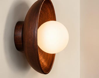Walnut Wall Sconce | Modern Wood Wall Lamp | Unique Round Wall Sconce | Japandi Lighting & Rustic Wall Decor