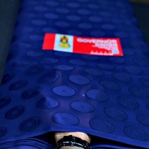 May include: A stack of blue fabric with a repeating pattern of embossed circles. The fabric is folded in half and a red label with the word "Governor" is visible on top.