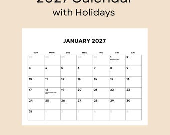 Afdrukbare maandkalender 2027 met feestdagen