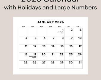 Kalender 2026 met feestdagen en grote cijfers afdrukbaar