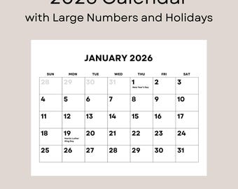 Afdrukbare maandkalender 2026 in grote cijfers met feestdagen