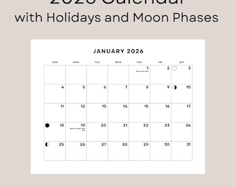 Afdrukbare kalender 2026 met maanstanden en feestdagen